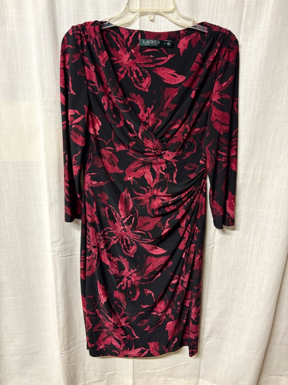 Ralph Lauren Black & Red Floral Draped Long-Sleeve Dress